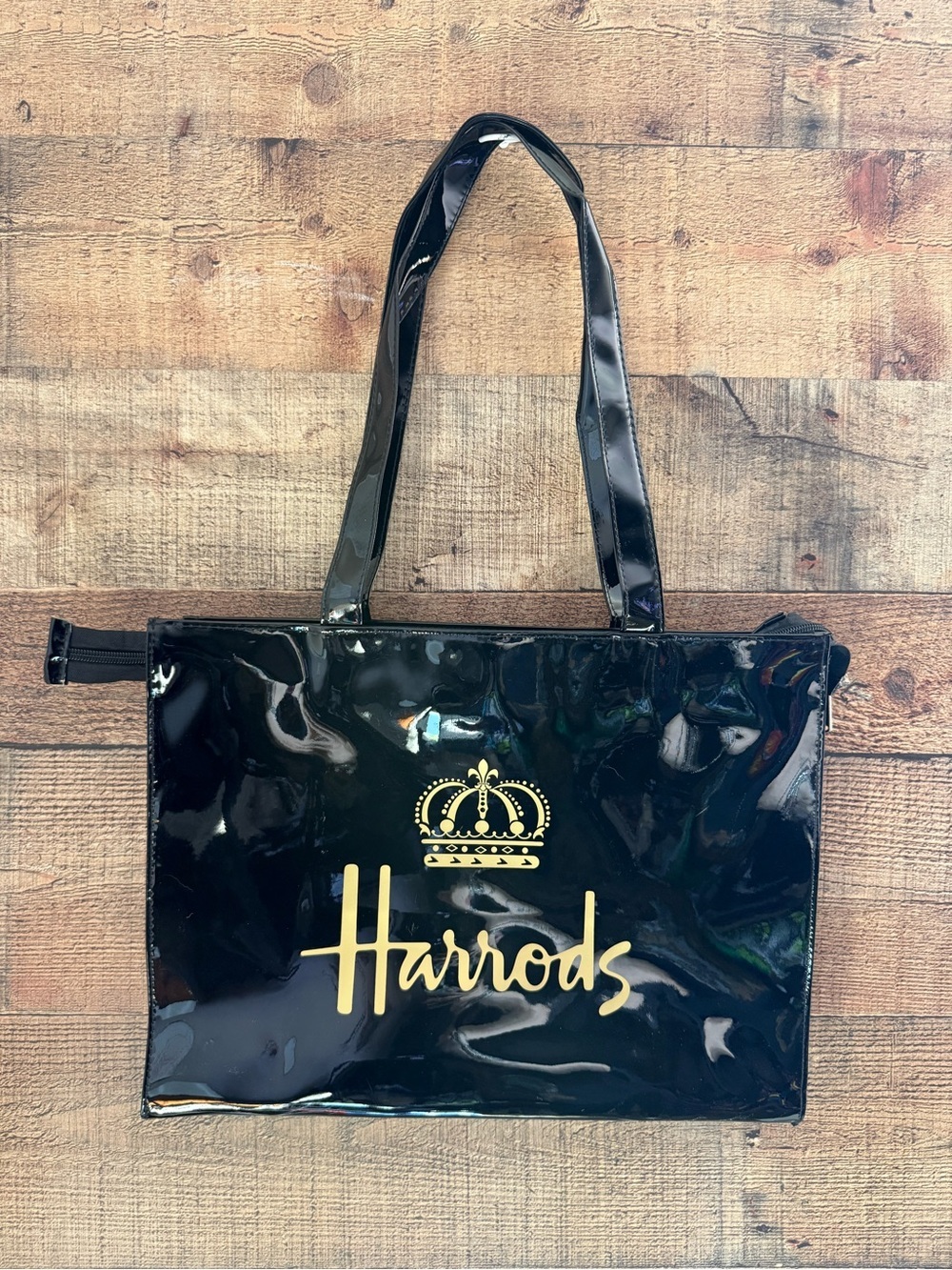NWOT Harrods Black Patent Tote with Gold Crest